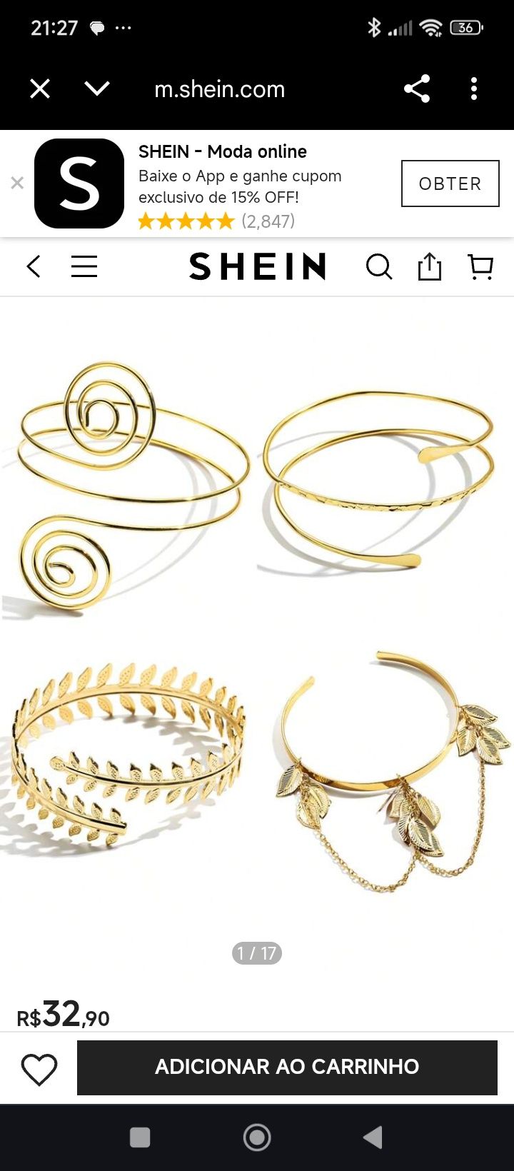 4 pulseiras/braçadeiras ajustáveis douradas de Bijuteria
