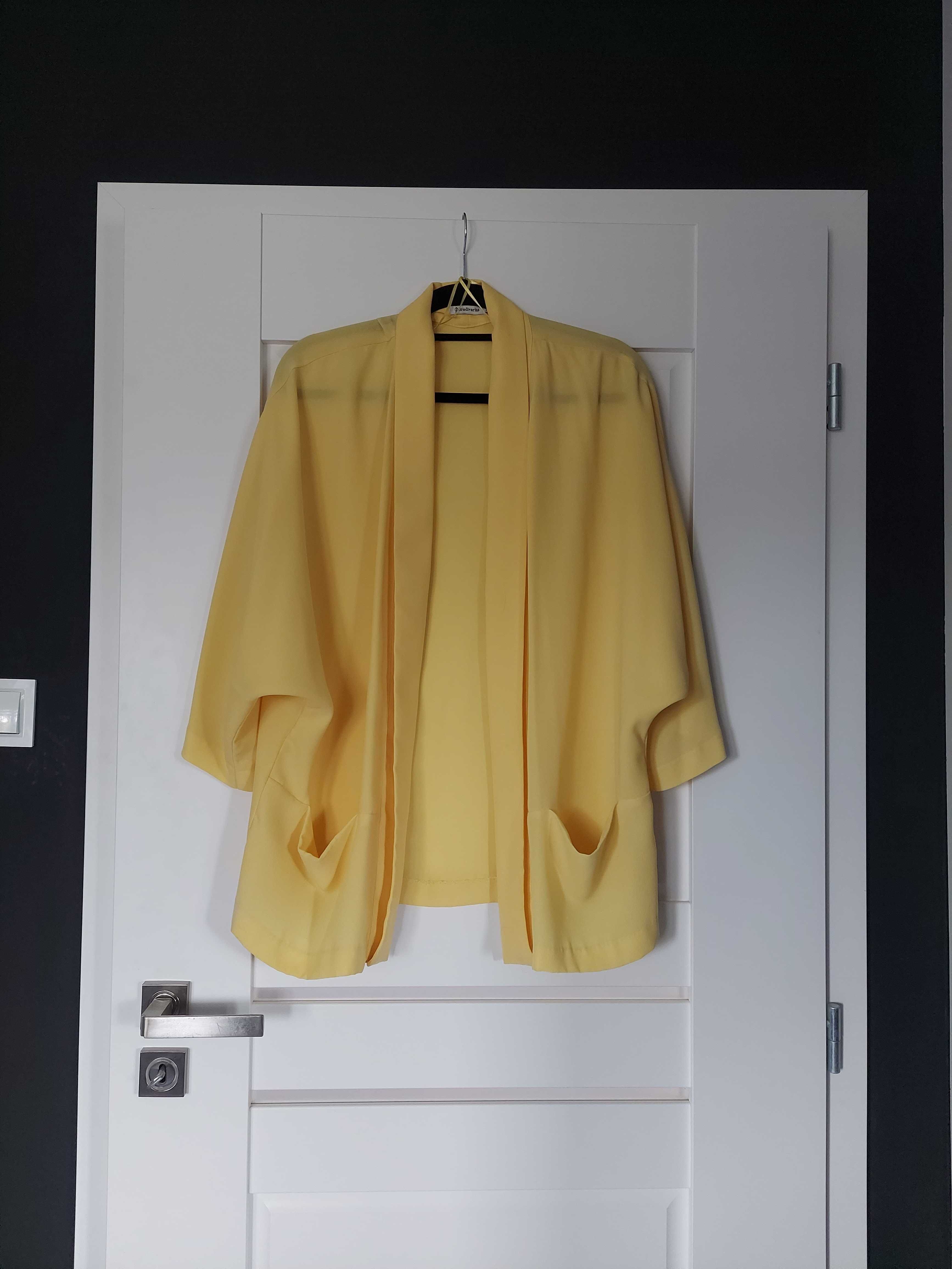 Żółte szyfonowe kimono narzutka nietoperz z kieszeniami oversize S 36