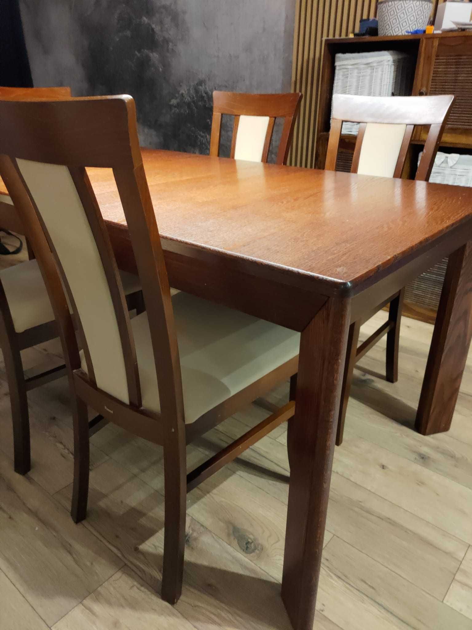 Drewniany stół + 5 krzeseł Paged 150x90 (250x90) dąb macao