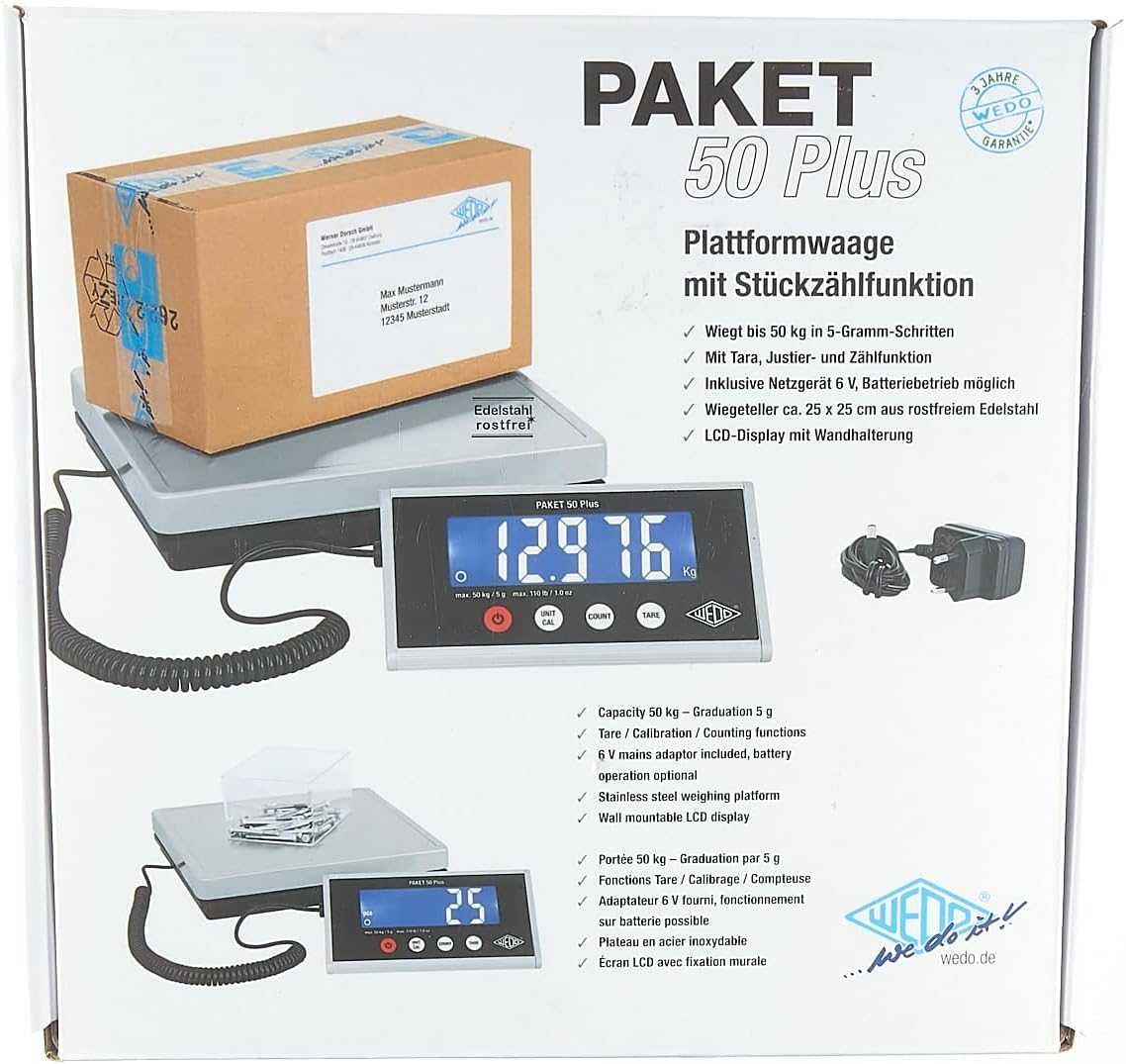 waga paczkowa z funkcją liczenia 50 Plus wraz z zasilaczem, 50 kg/ 5 g