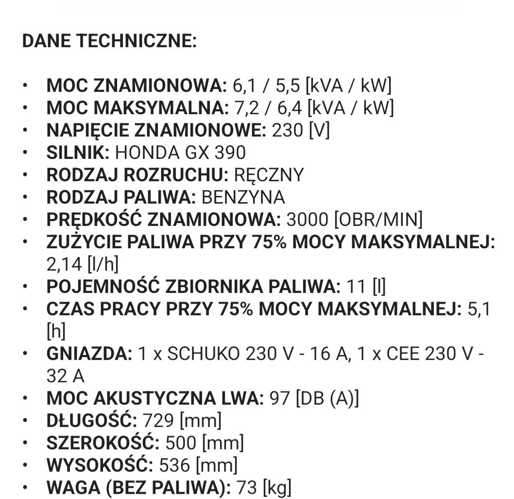 Agregat prądotwórczy Honda Atlas Copco 7.2 kVA Nowy Okazja