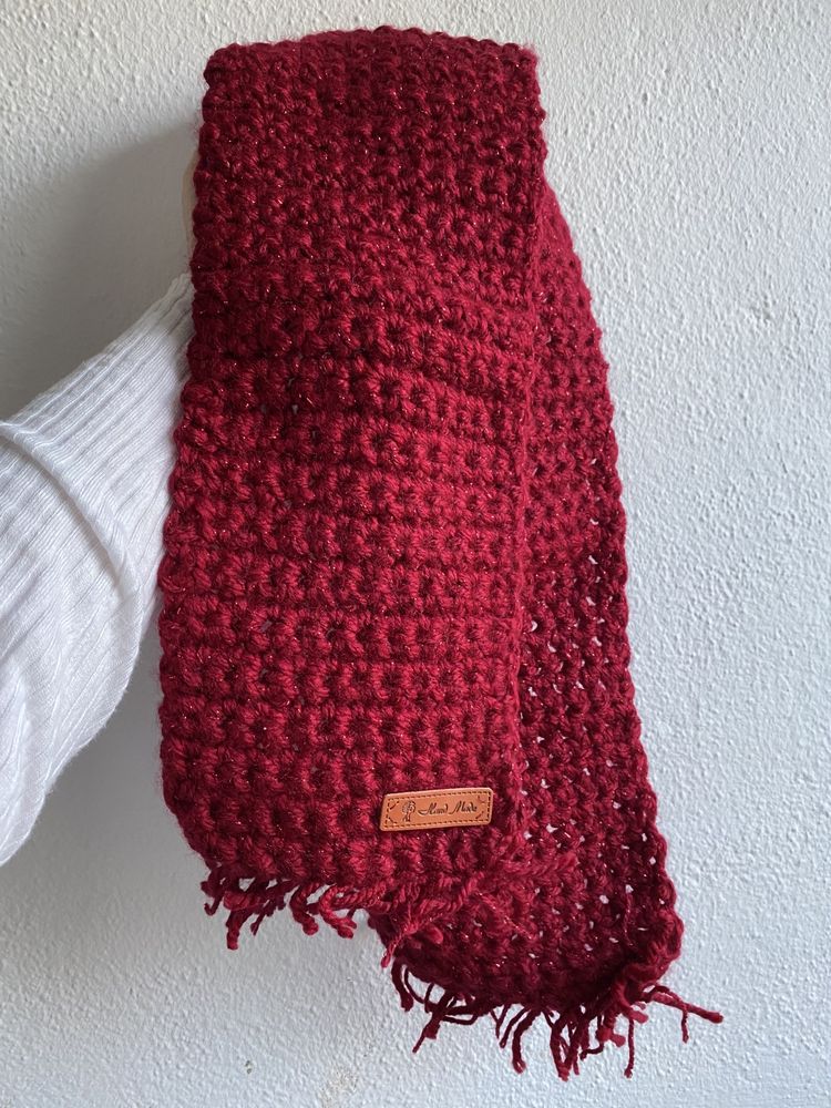 Cachecol em Tricô - Vermelho Escuro com Brilho - Handmade