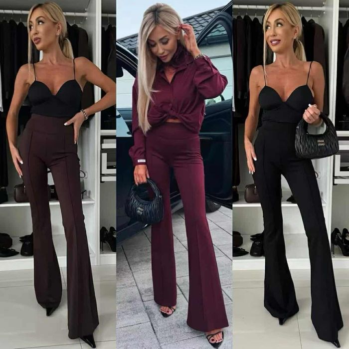 Spodnie dzwony czarne czekolada z przeszyciami Varlesca chicaca XS S M