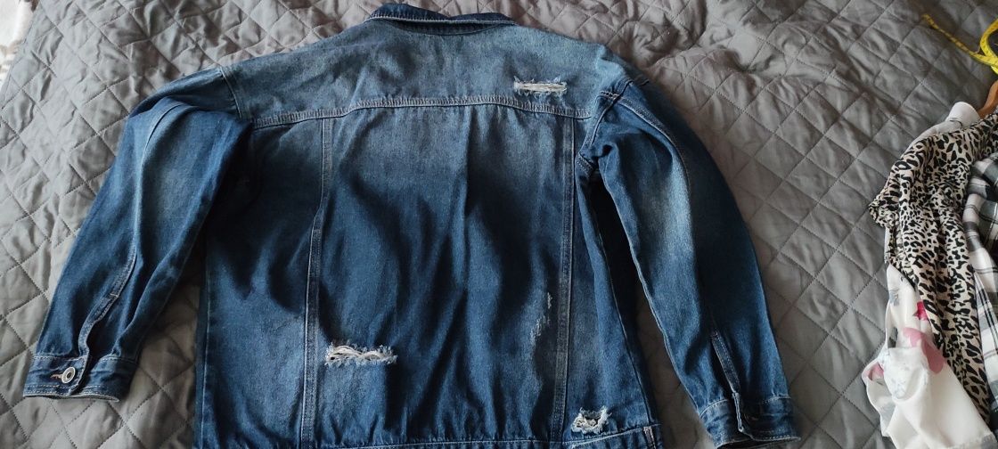 Bluza jeans katana kurtka granat haft dżety r.44 kwiaty dziury