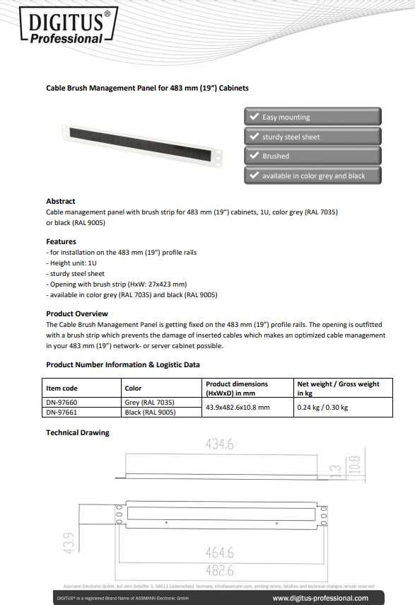 Listwa szczotkowa do szafy serwerowej Digitus DN-97661 DN-97661