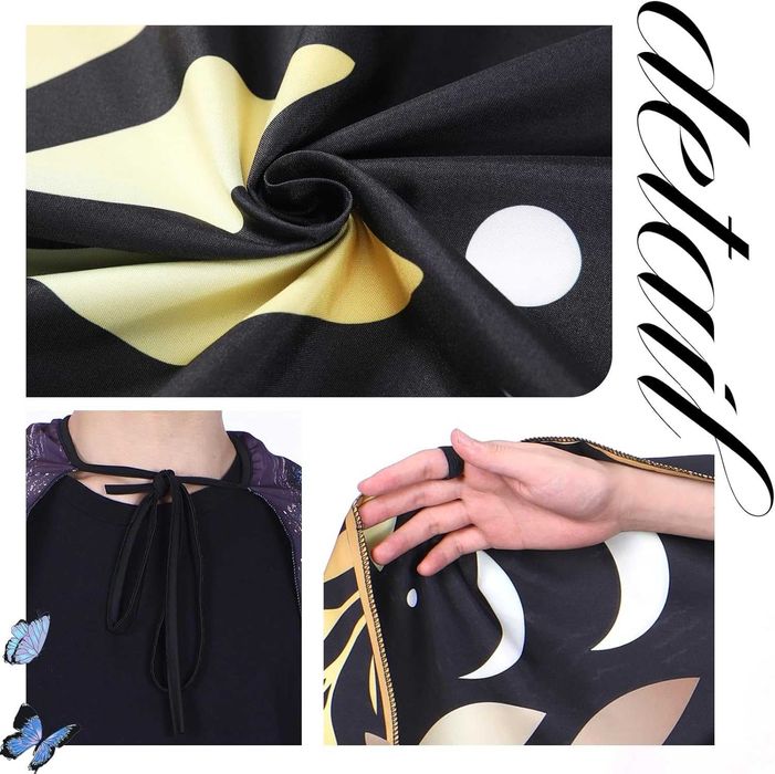 Kostium motyla ćmy Czarno-złote skrzydła peleryna z nadrukiem + maska