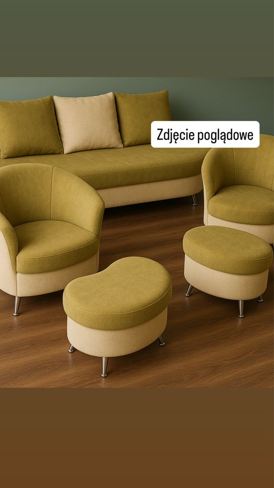 Komplet wypoczynkowy - sofa, fotele, pufy, poduszki - z funkcją spania