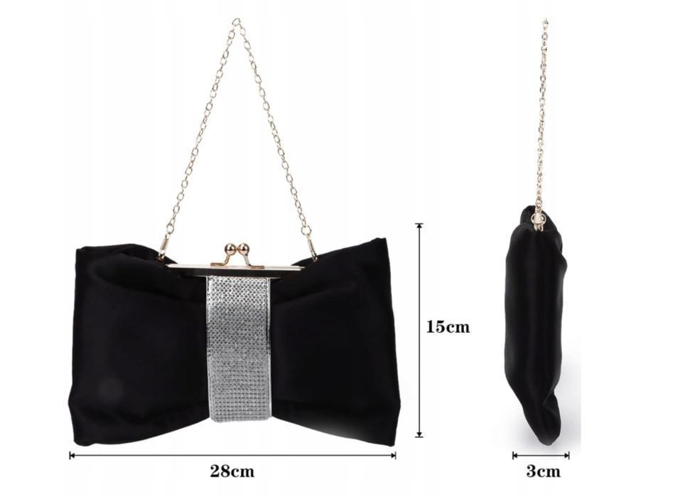 Wieczorowa Kopertówka Torebka na Ramię Czarna Satynowa Złoty Łańcuszek