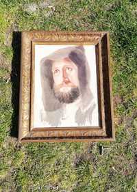 Obraz olej na płótnie portret  piękna zdobiona drewniana rama 49x39 cm