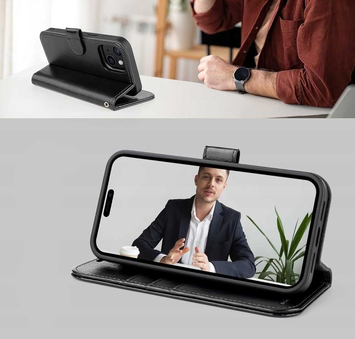 Ocase etui skórzane magsafe iPhone 15 z klapką portfel czarne  2w1
