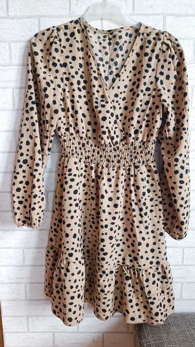 Sukienka damska kopertowy dekolt cętki panterka S