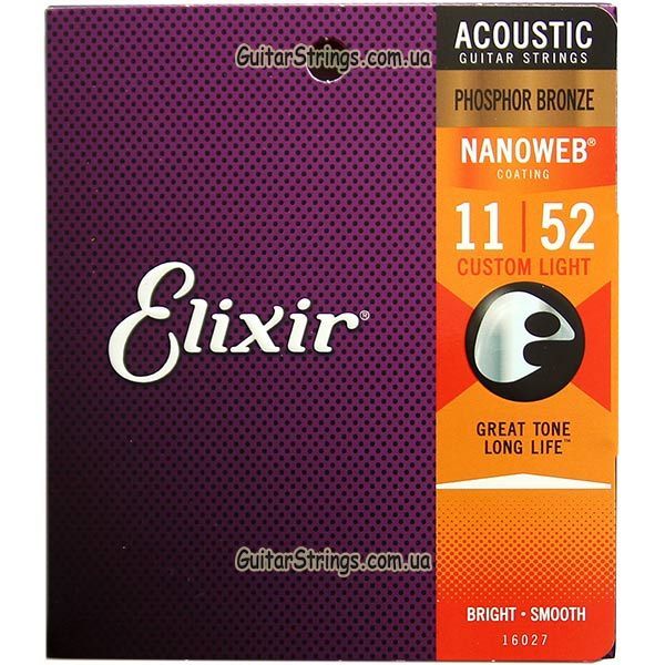 Струны Elixir 16027 Nanoweb Phosphor Bronze Custom Light 11-52 США