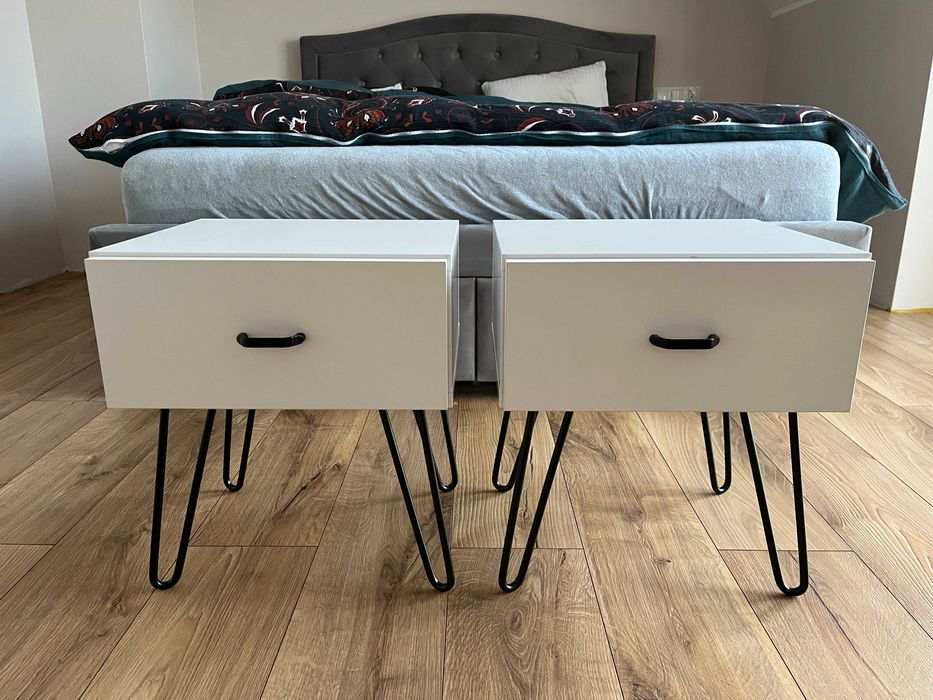 Szafka nocna, stolik nocny - biała, czarne metalowe nogi