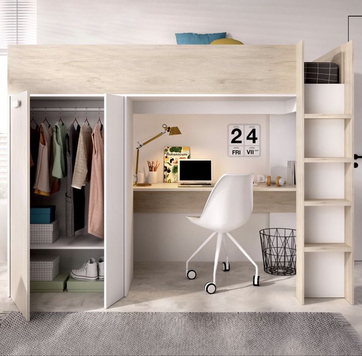 Cama alta com vestuário e secretária embutidos