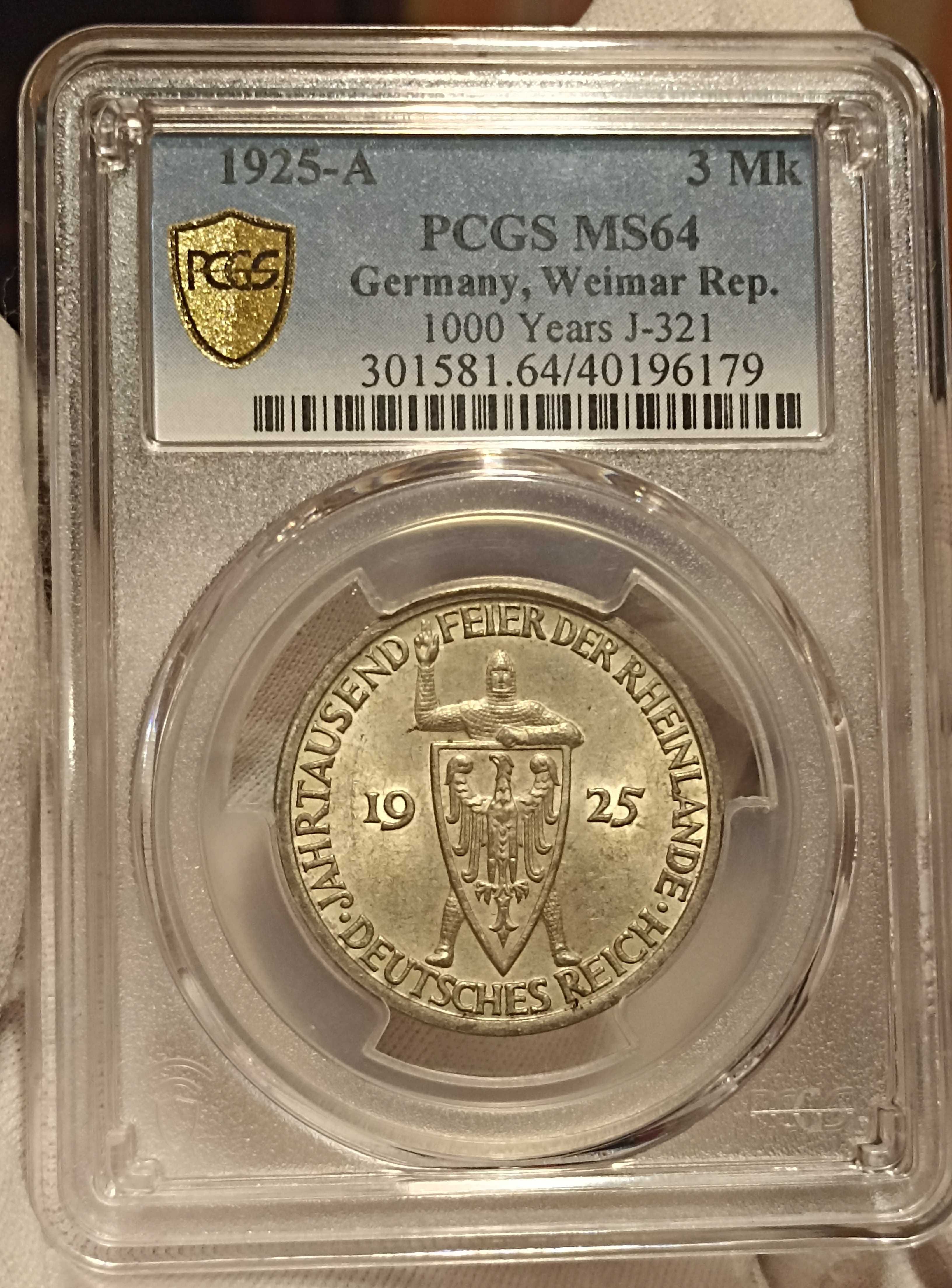 Монета из серебра 3 марки 1925 Рейнланд в слабе MS 64 - Веймар Рыцарь