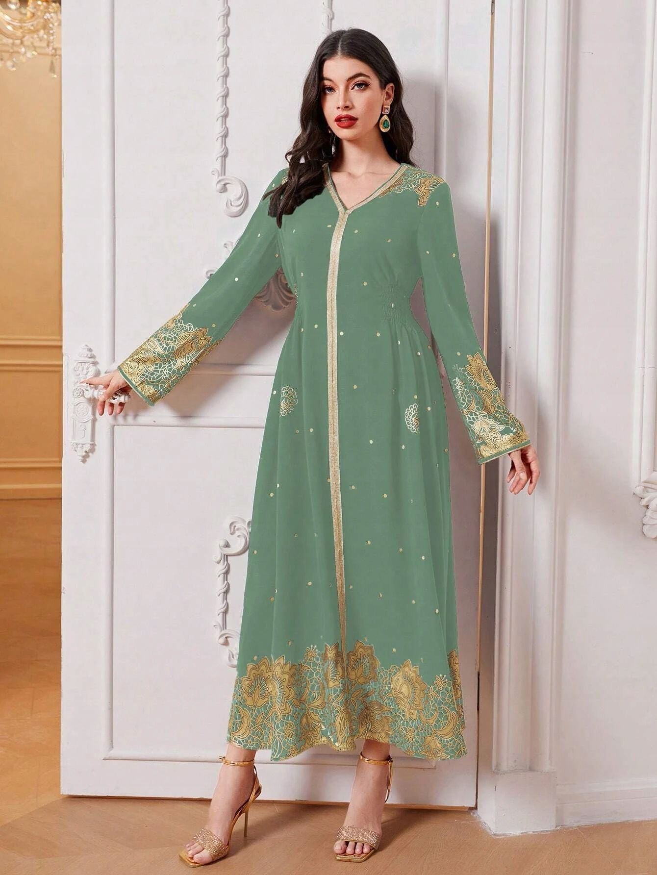 Sukienka W Arabskim Stylu Ze Złotymi Nadrukami Zielona Maxi Shein M 38