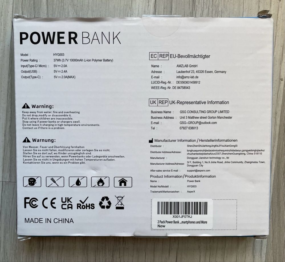2 x przenośna ładowarka Power Bank USB C o pojemności 10 000 mAh.