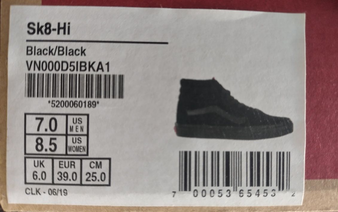 Buty Vans Sk8 Hi czarne roz. 39 (25cm)