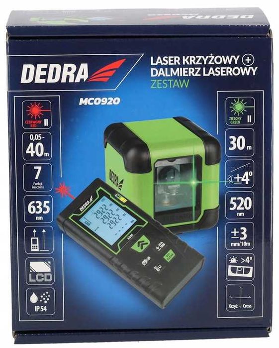 Zestaw DEDRA Laser krzyżowy 30m Dalmierz Poziomica laserowa zielony