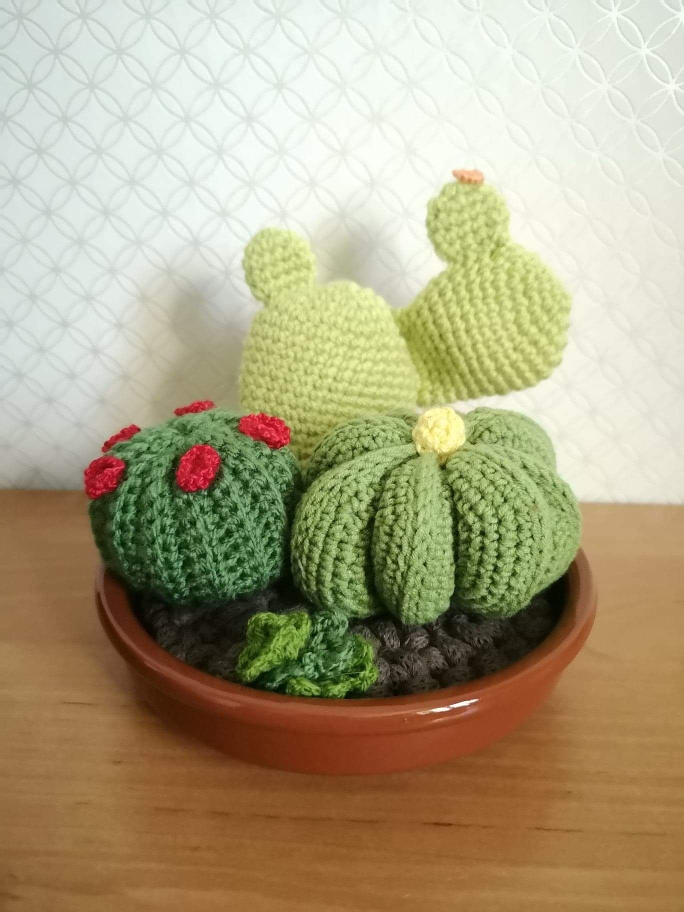 Kompozycja kaktusów zrobionych na szydełku