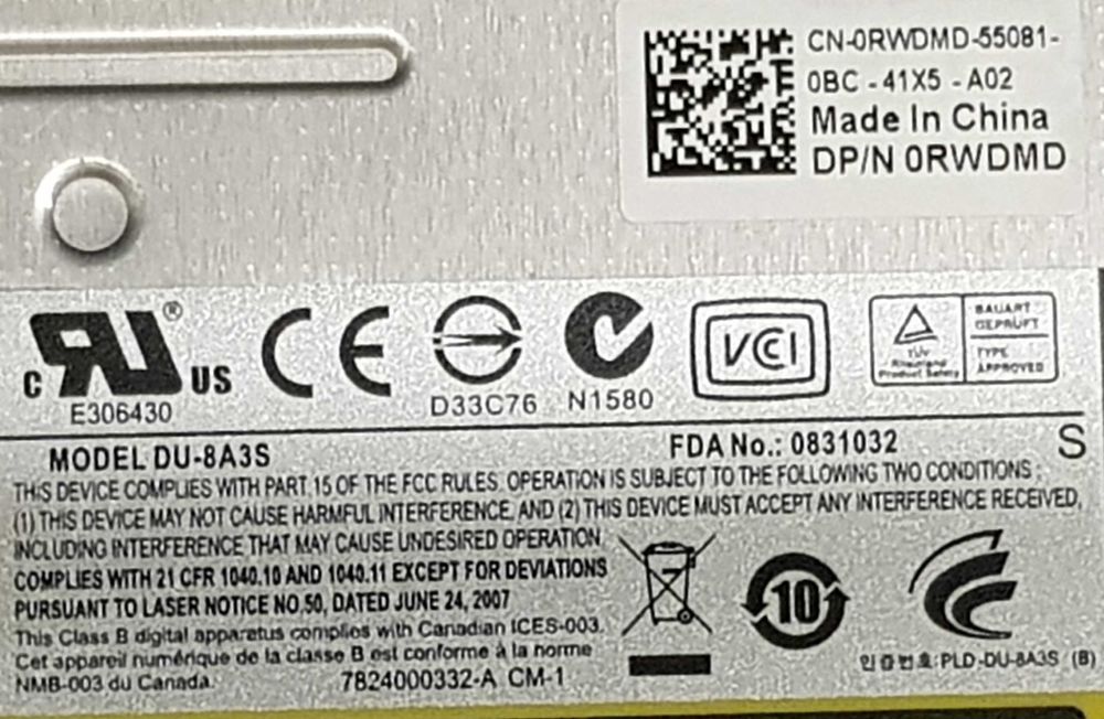 Drive DVD±RW Dell para series E Latitude DU-8A3S (0RWDMD)