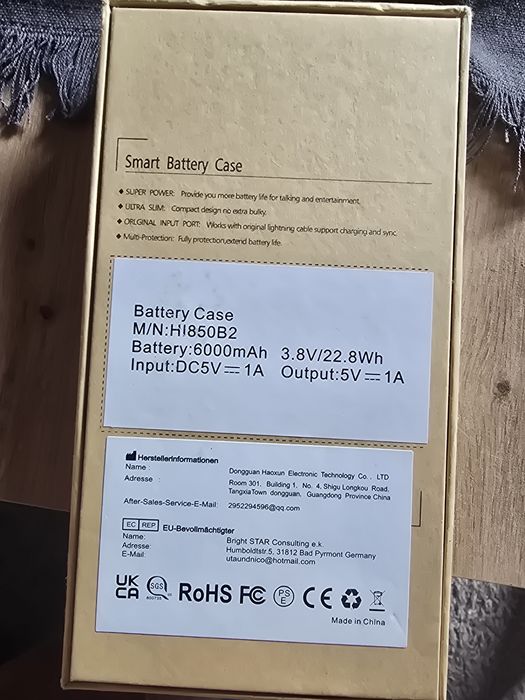 Battery Case M/N:HI850B2 iPhone 6/6S/7/8,6000mAh