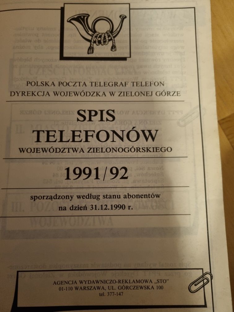 Książka telefoniczna woj zielonogórskie 1991/92