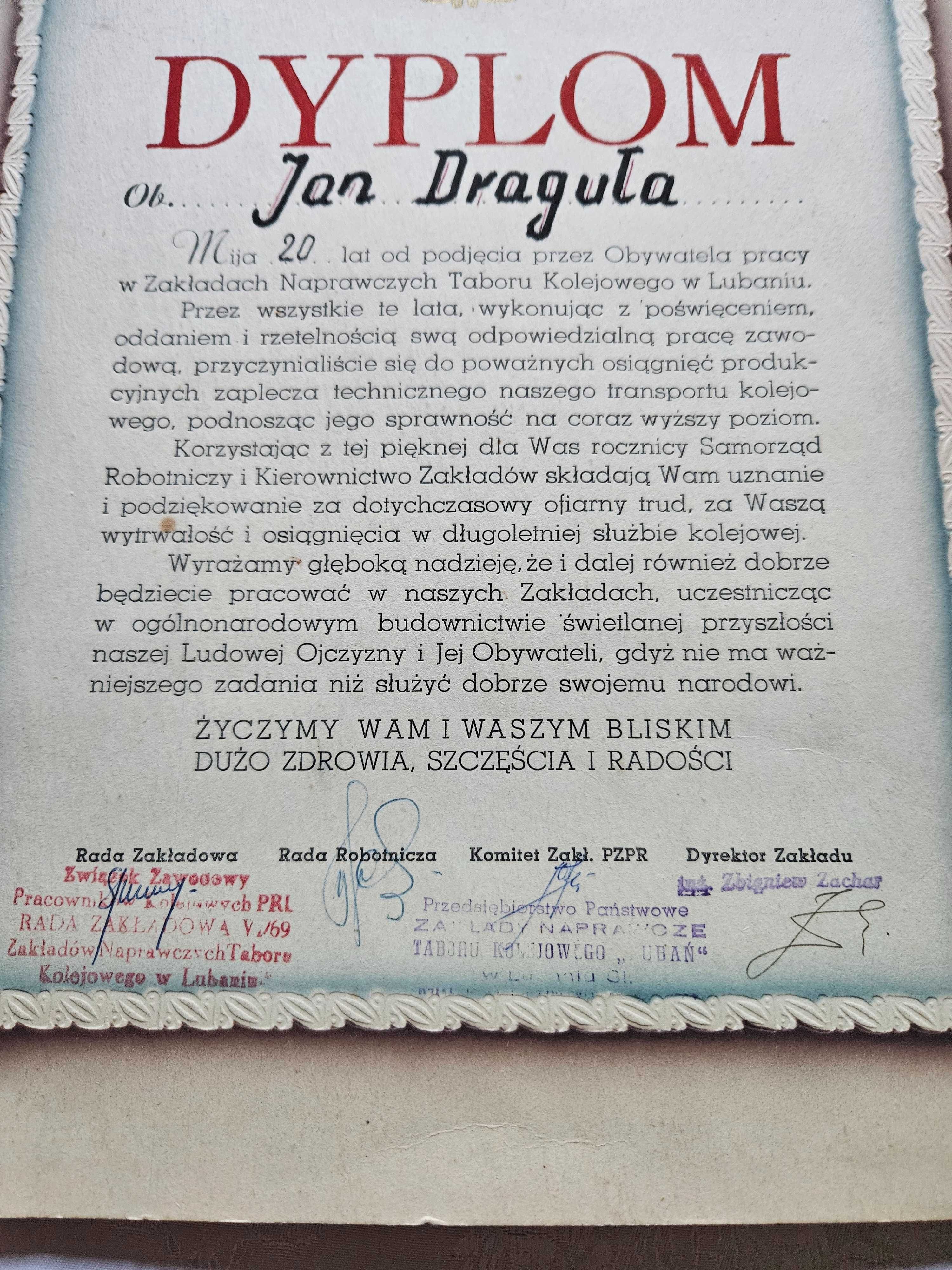 Dyplom PRL ZNTK Lubań 1970 rok