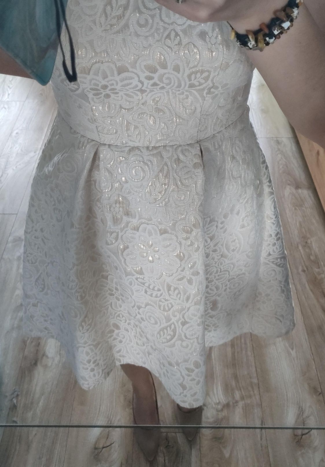 Sukienka na wesele, elegancka, kremowa, złota, rozmiar 36