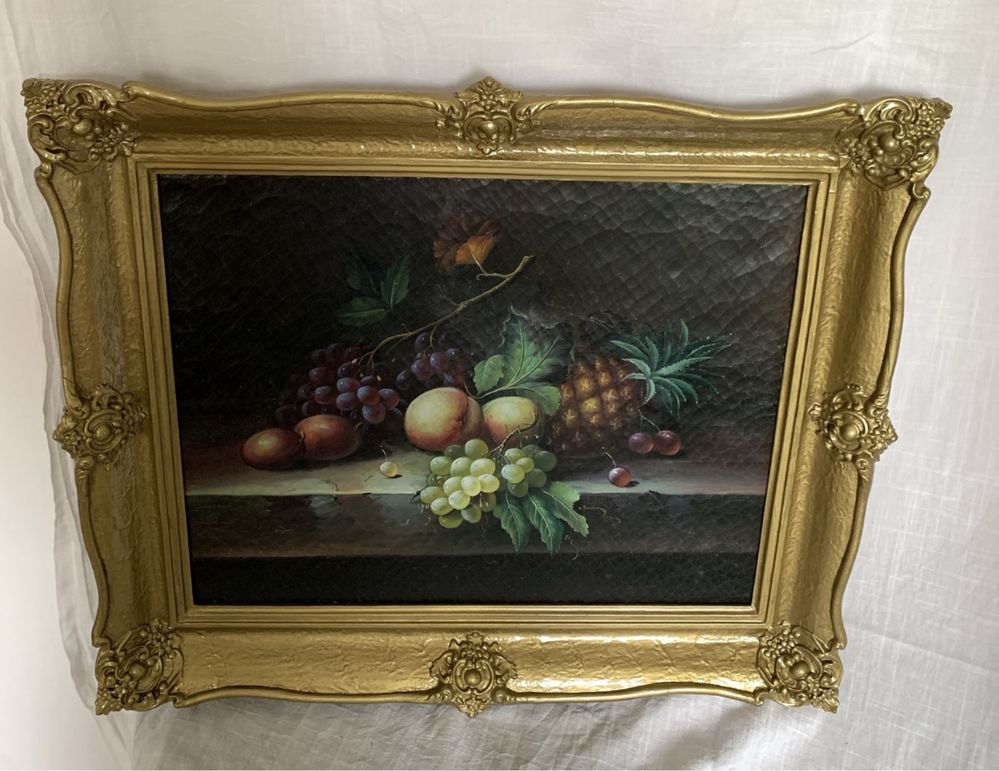 Stary obraz olejny martwa natura owoce XIX wiek antyk vintage