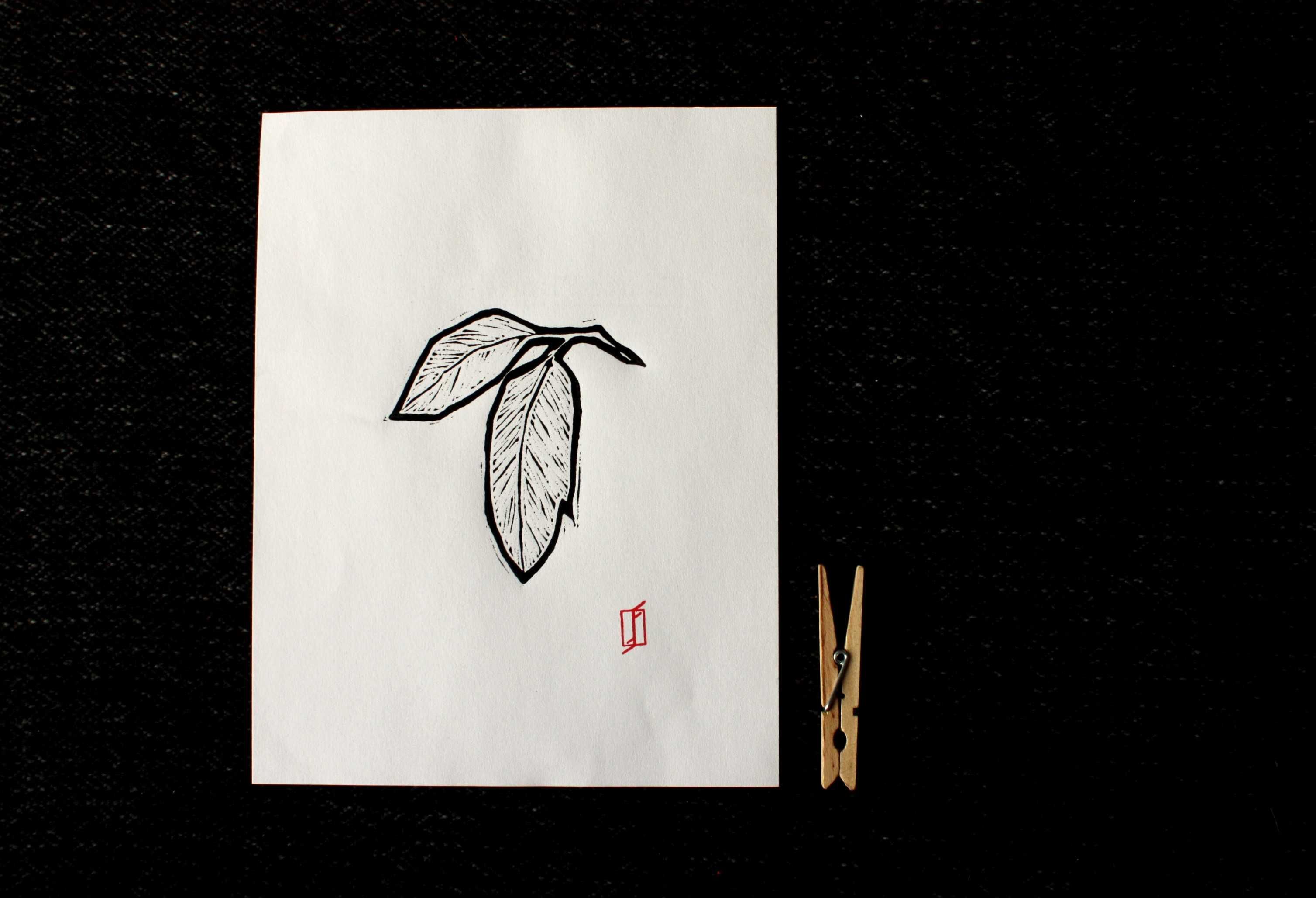Linoryt, grafika warsztatowa – Liść czereśni