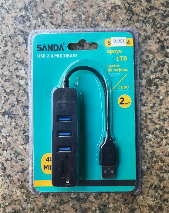 Hub USB 2.0 com 4 portas USB e leitor de cartões (Micro SD / SD / etc)