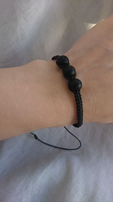 Bransoletka czarna sznurkowa pleciona makrama kamienie  czarny Onyks