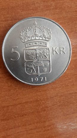 Srebrna moneta 5 koron Szwecja Gustav VI 1971