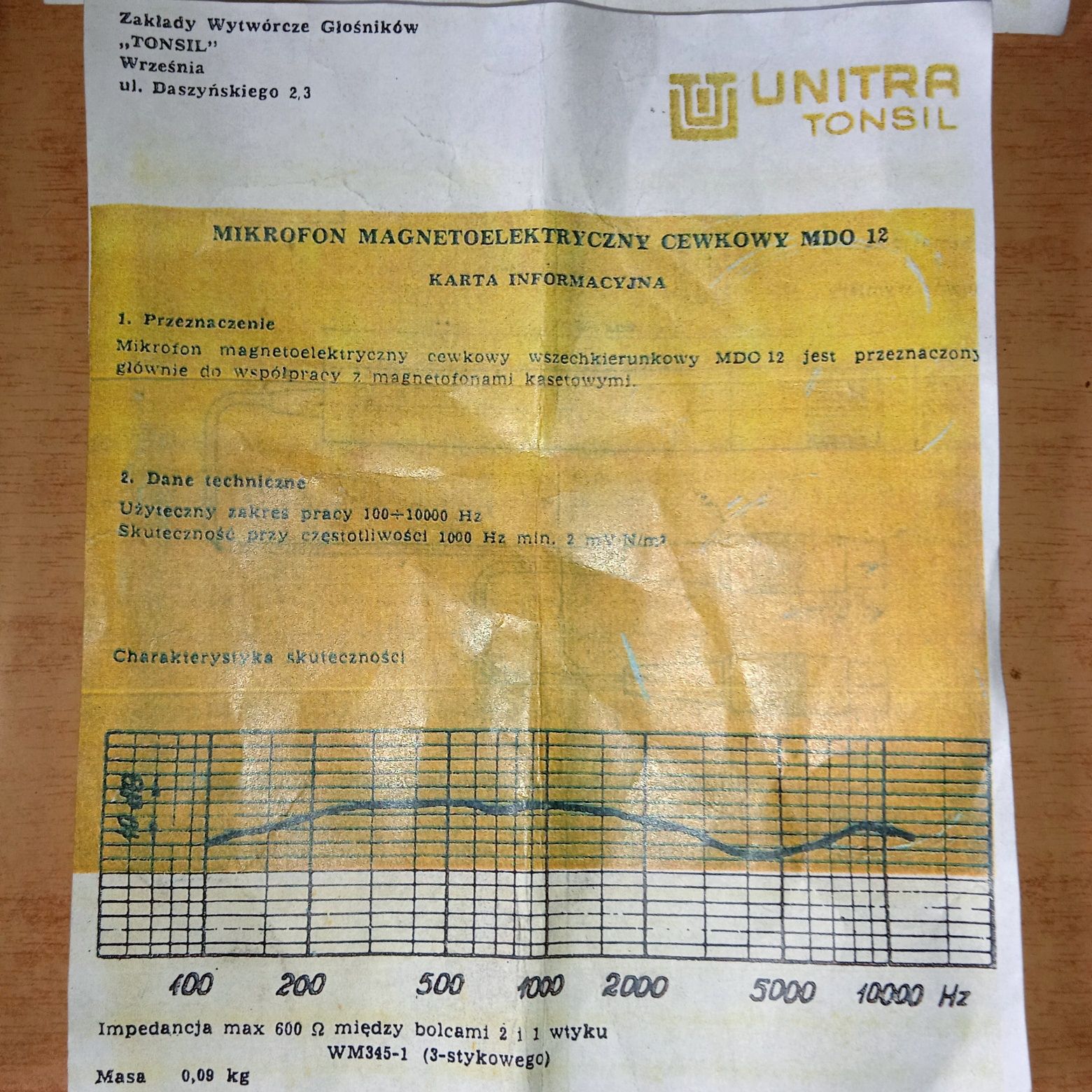 Opakowanie + instrukcja - mikrofon MDO12 UNITRA Tonsil.PRL. Oryginał.