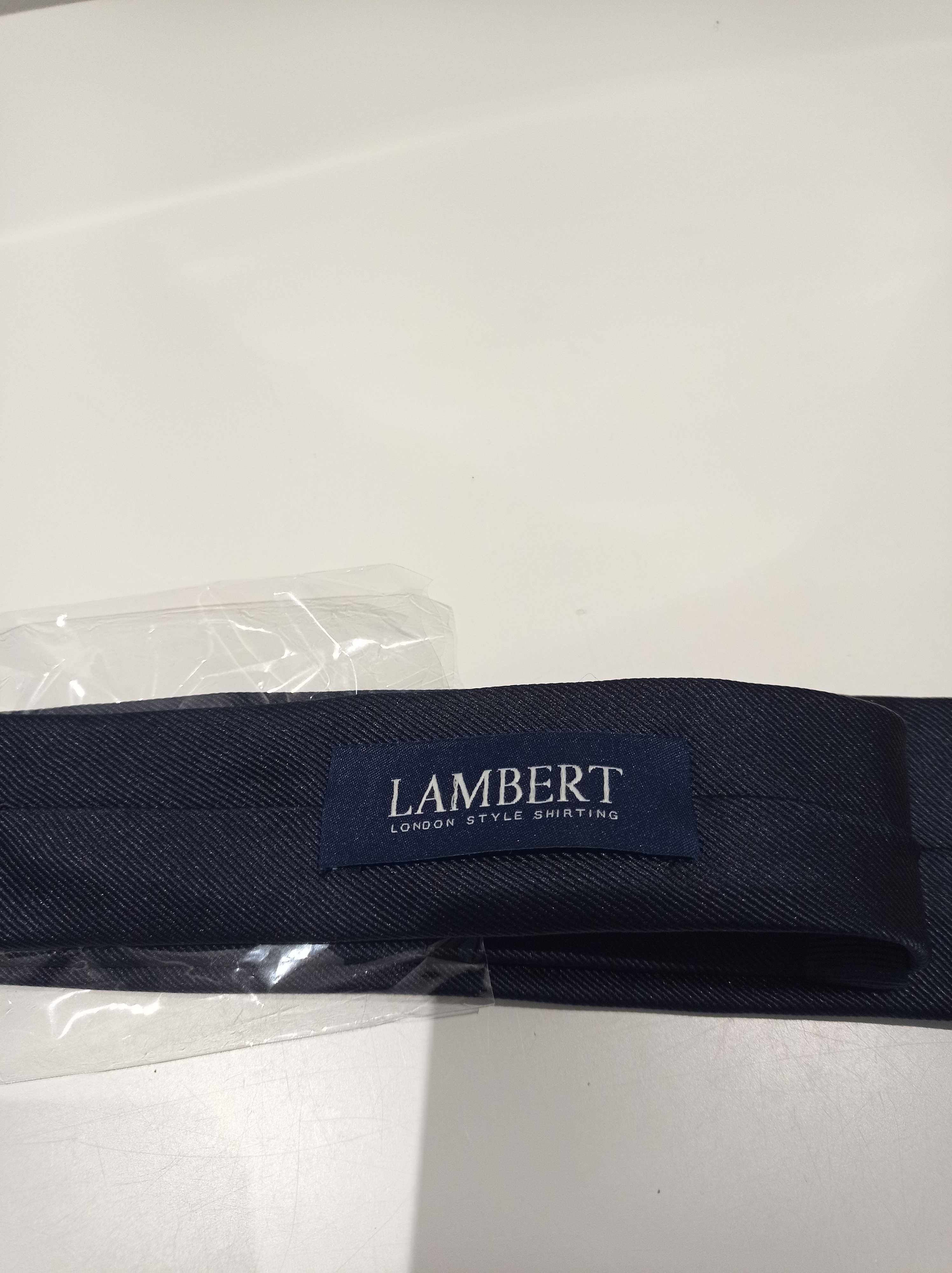 Jedwabny krawat Lambert – 100% jedwab, nowy w folii, granatowy twill