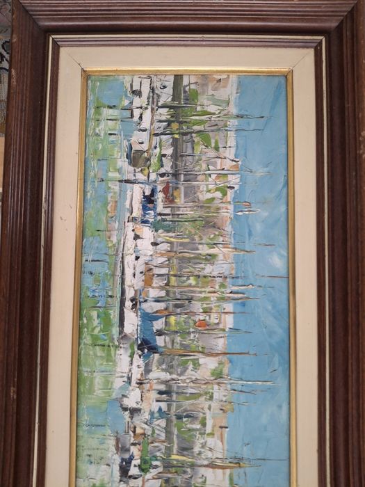 Linda pintura oleo sobre platex 1970 assinada barcos marinha