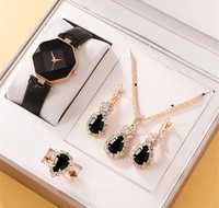 Nowy zegarek damski czarny i zestaw biżuterii naszyjnik kolczyki pierś