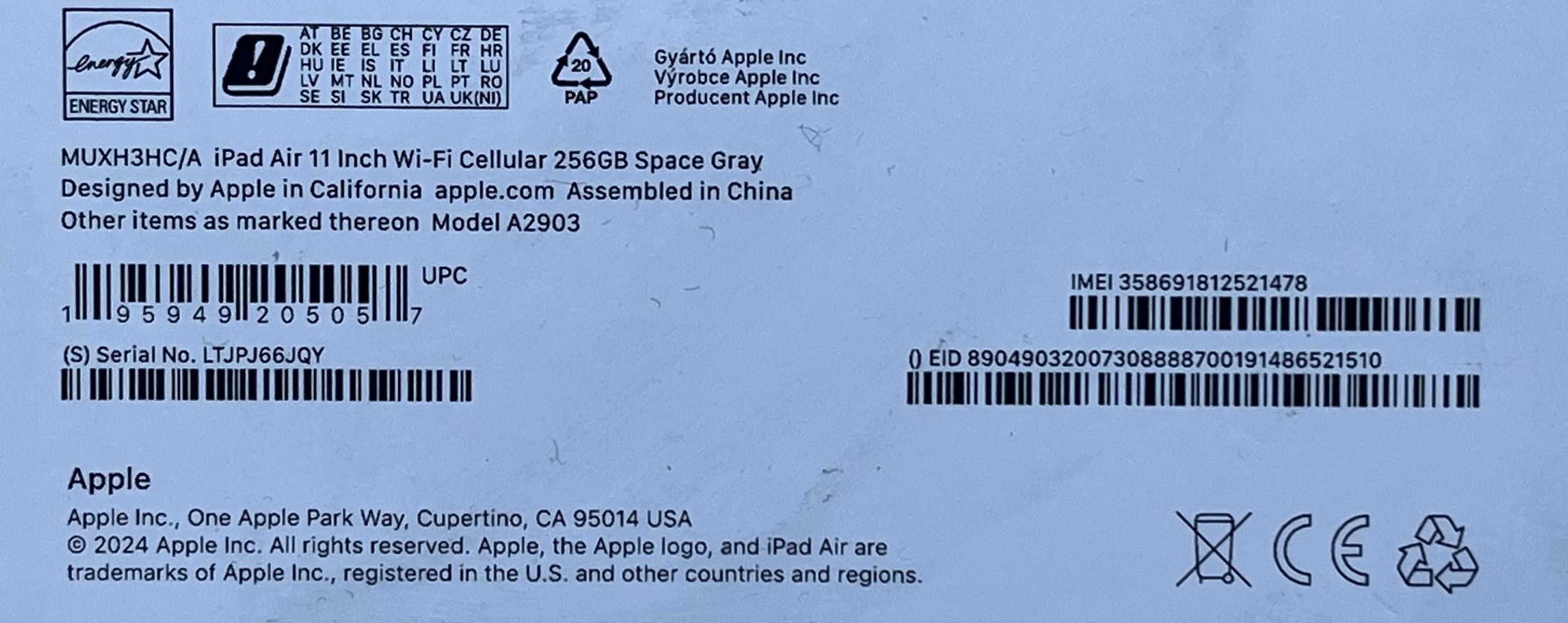 OUTLET Apple iPad Air 6 gen 2024 11" 8/256GB 5G FV23 6 cykli ładowania