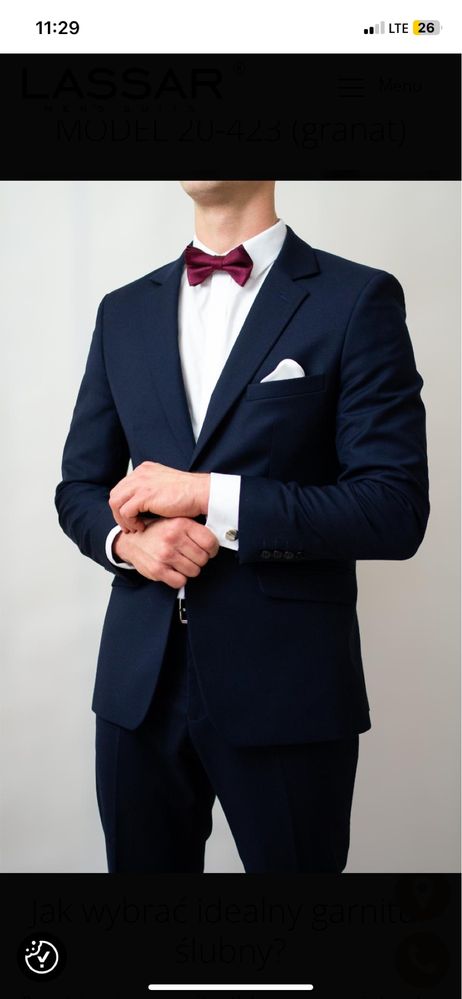 Granatowy ślubny garnitur męski 182/100/88  Lassar SLIM