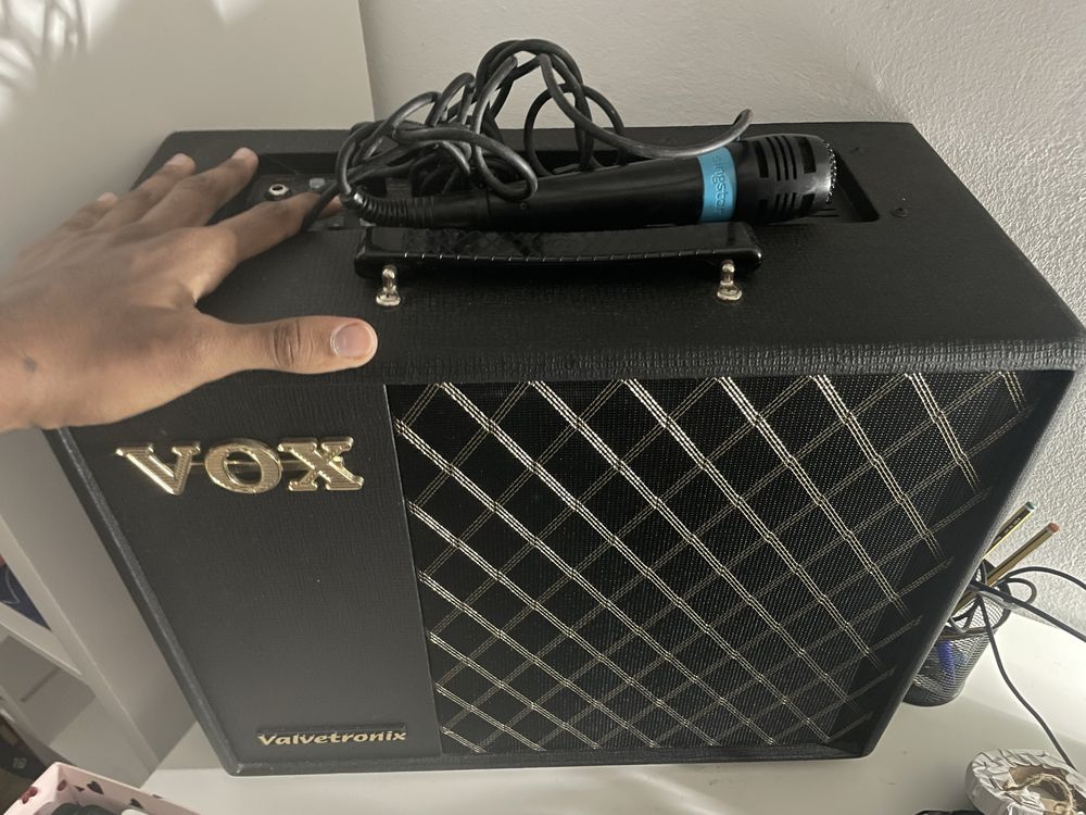 Guitarra, Amplificador, headset e microfone