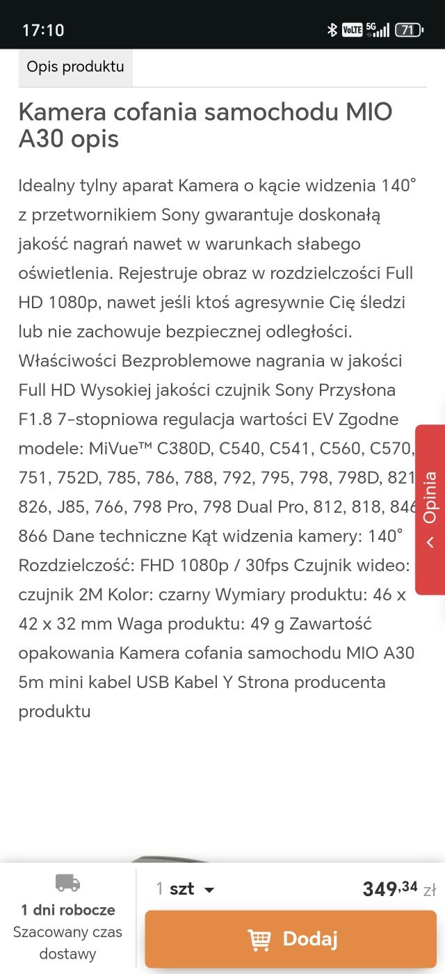 Kamerka tylna do rejestratora mivue A30