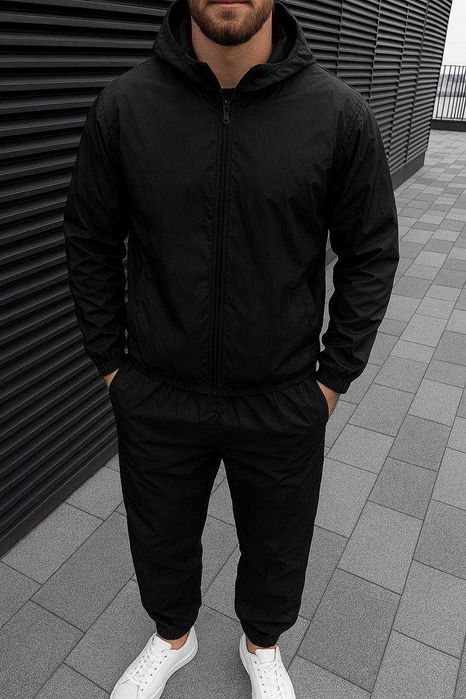 Спортивний костюм чоловічий плащівка весна осінь з капюшоном чорний