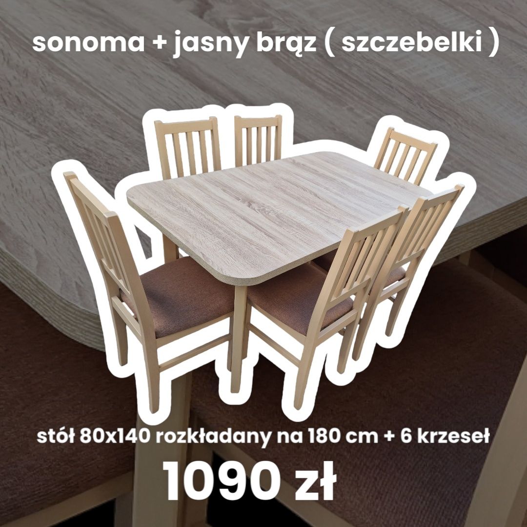Nowe : Stół 80x140_180 + 6 krzeseł, sonoma + jasny brąz, dostawa PL