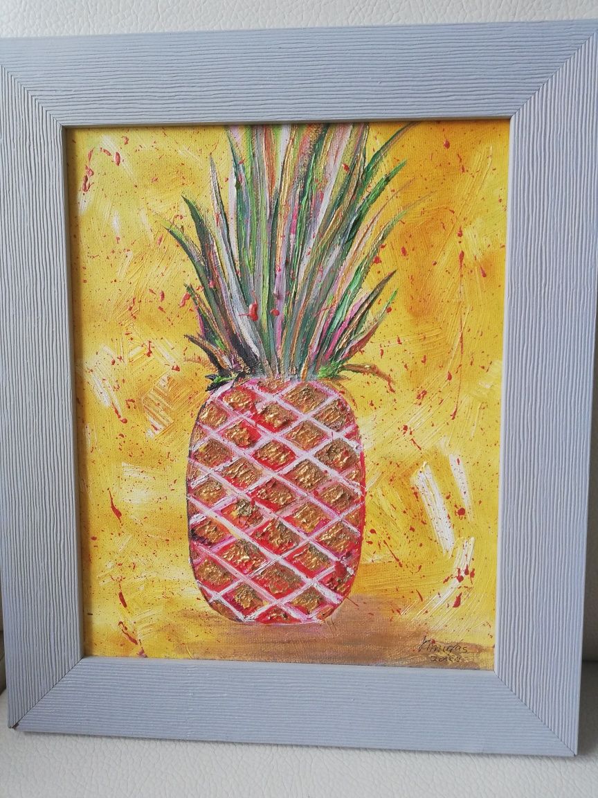 3 x ręcznie malowane obrazki.Zestaw. Ananas.