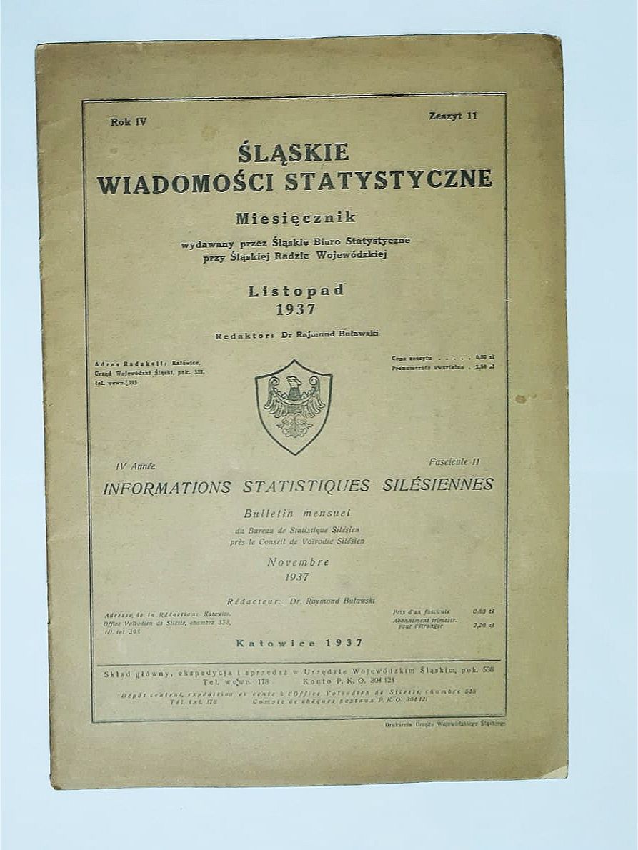 Śląskie wiadomości statystyczne listopad 1937 zeszyt 11 miesięcznik