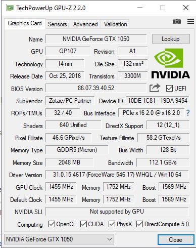 ZOTAC GForce GTX 1050 2GB OC 128 bit DDR5