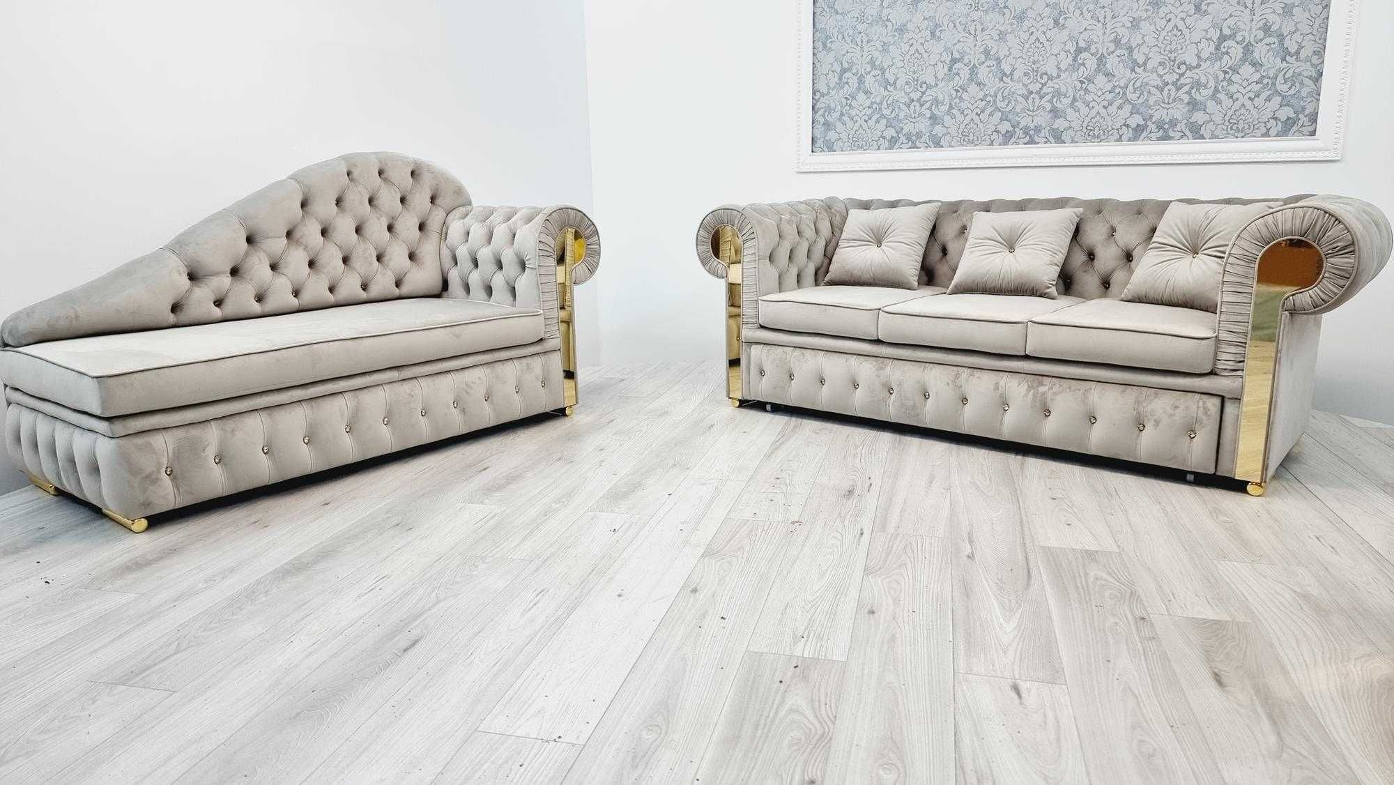 Zestaw pikowany chesterfield GLAMOUR 3os. + Szezlong + fotel PRODUCENT