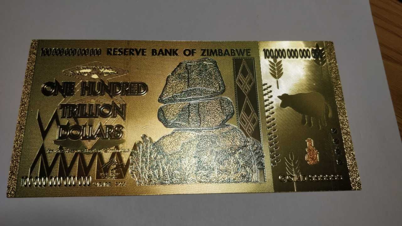 Nota Zimbabue 100 Trilliões 2008 - Folha de OURO 24k