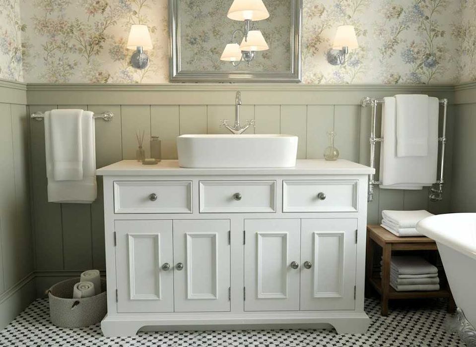 Szafka na umywalkę nablatową, retro, z drewna, w stylu angielskim